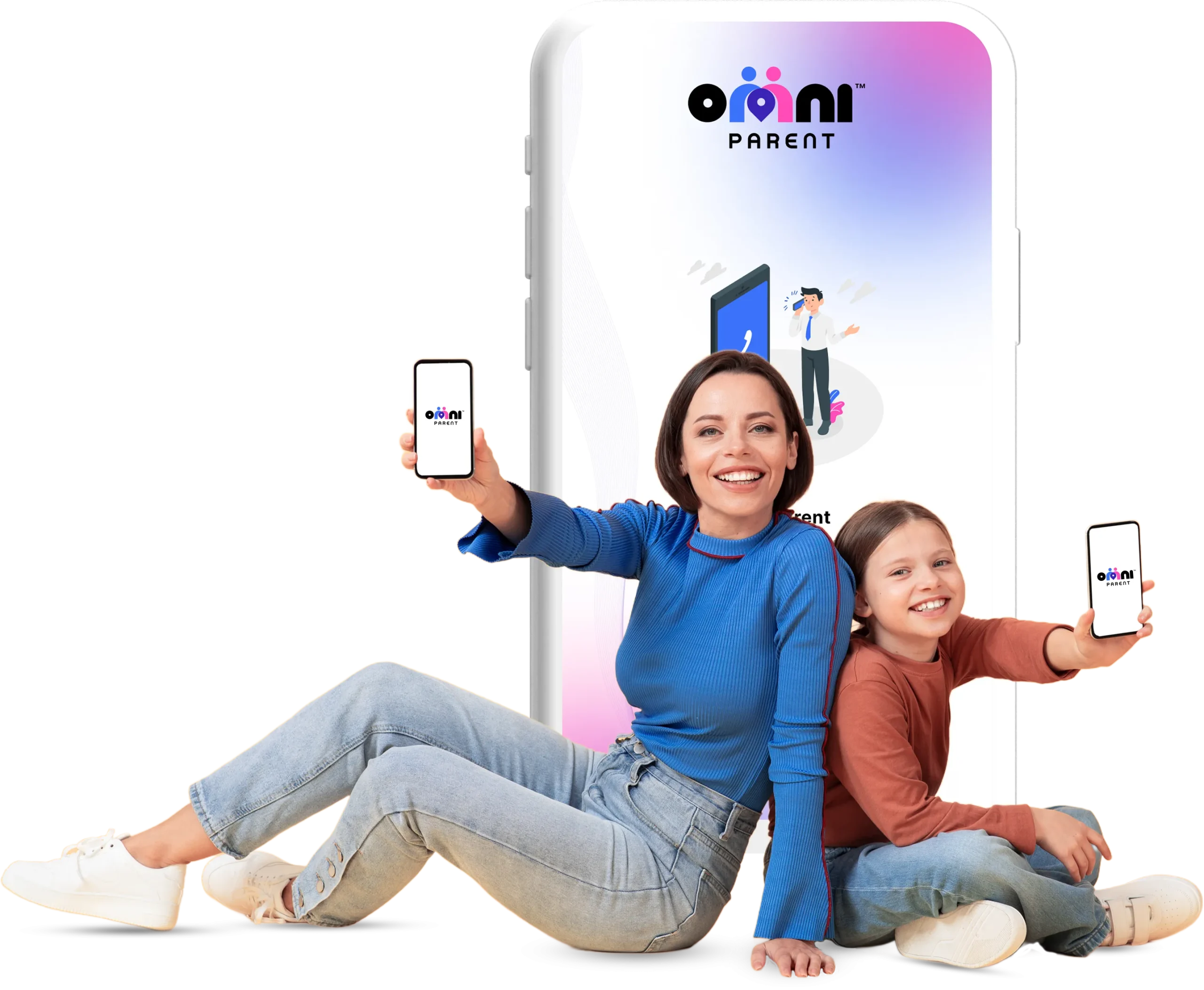 Mother and child smiling while holding smartphones displaying the OmniParent app, with a large phone graphic in the background illustrating family connectivity and support features.