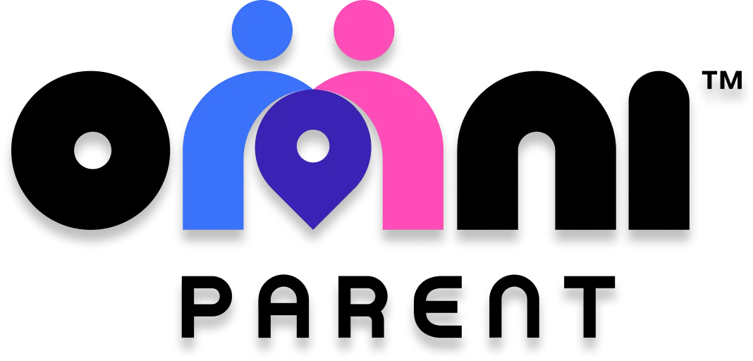 OmniParent logo featuring two stylized figures in blue and pink, with a heart and location pin symbol, representing child safety and family connection.