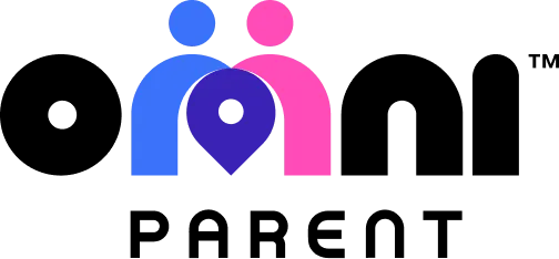 OmniParent logo featuring two stylized figures in blue and pink with a location pin, representing child safety technology for grandparents.