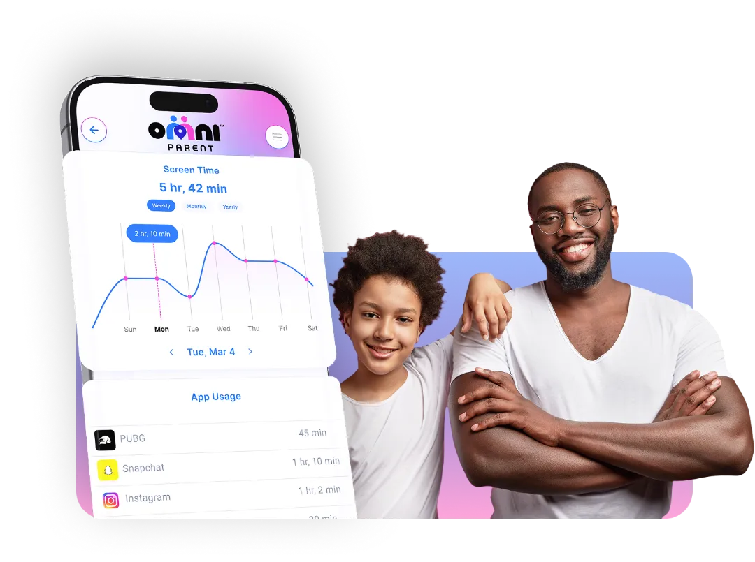 Parent and child smiling together, showcasing OmniParent app screen displaying screen time statistics and app usage details for digital safety and monitoring.