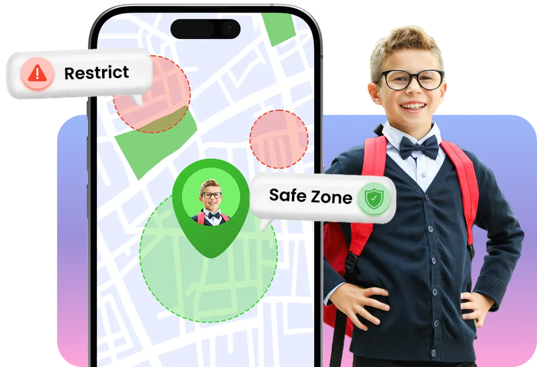 Child with backpack smiling next to smartphone screen displaying advanced geofencing features, including safe zone alerts and location tracking.