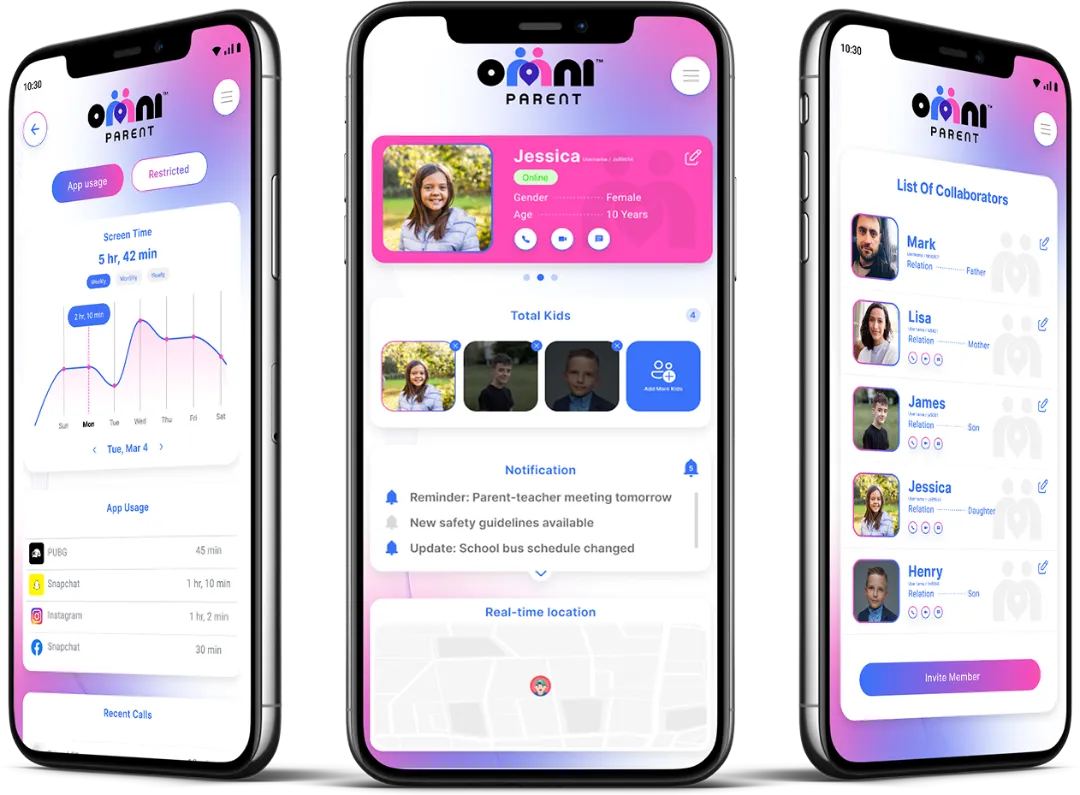 OmniParent app interface showcasing child profiles, notifications, and real-time location tracking features for enhanced child safety and digital management.