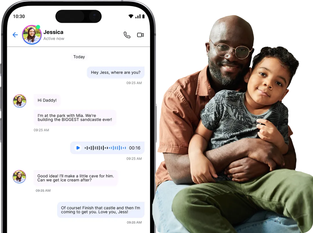 Father and son interacting with a smartphone, showcasing family communication and coordination for child safety and digital monitoring.