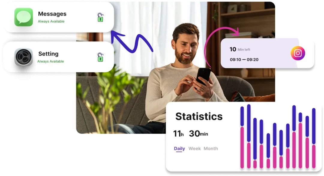 Man using smartphone on couch, displaying app features like messages, settings, and usage statistics, relevant to OmniParent's family safety tools.