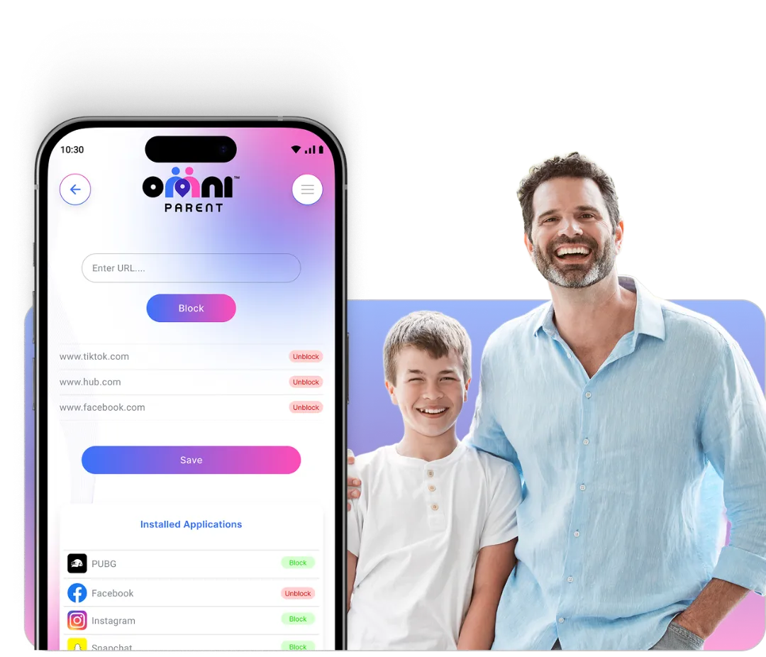 OmniParent app interface on smartphone displaying URL blocking options alongside a smiling father and son, emphasizing parental control and family safety features.