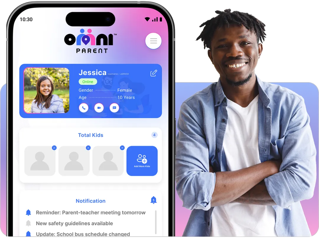 Smartphone displaying OmniParent app interface with child profile for Jessica, featuring online status, age, and notifications, alongside a smiling man promoting family safety and connectivity.