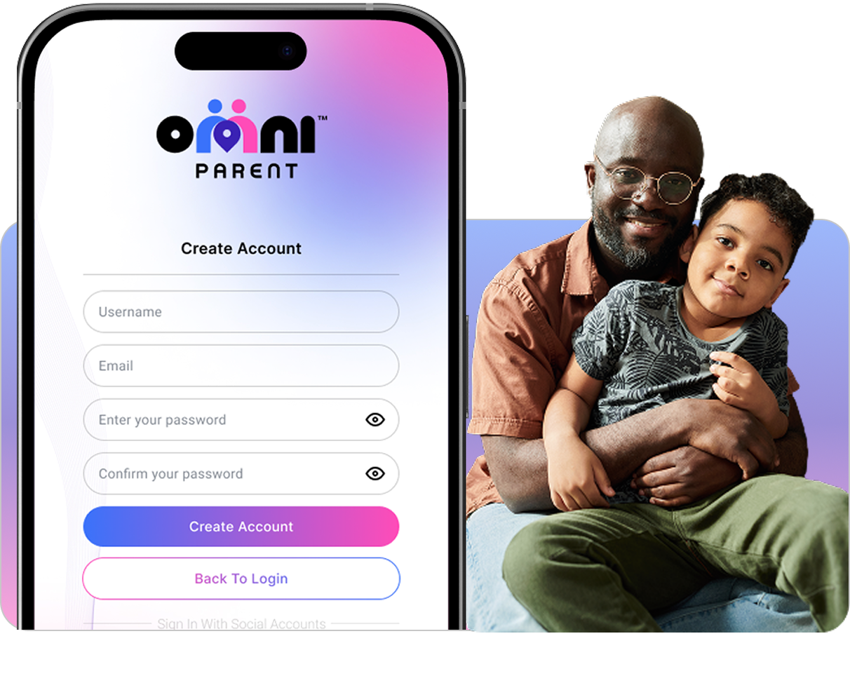 Smartphone displaying OmniParent app account creation screen alongside a father holding his son, emphasizing user-friendly setup for parental control and family safety.