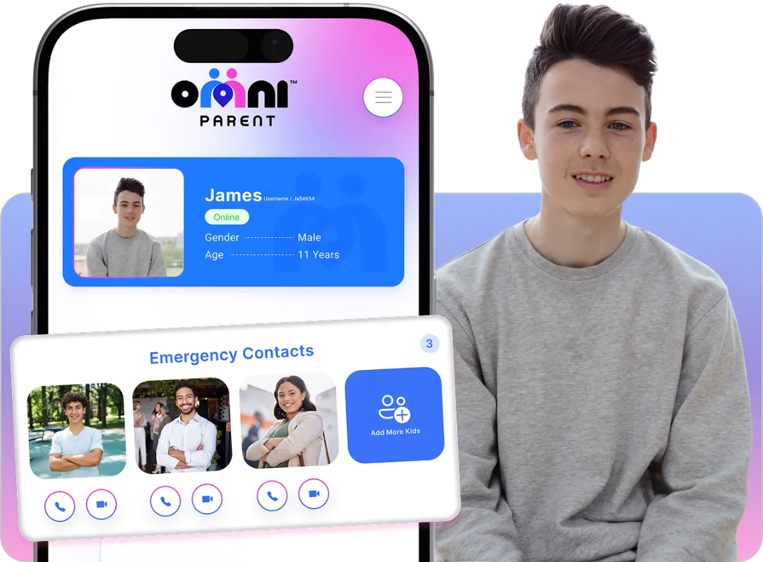 Smartphone screen displaying OmniParent app interface with user profile for 'James', featuring emergency contacts and child safety features, alongside a smiling boy in casual attire.