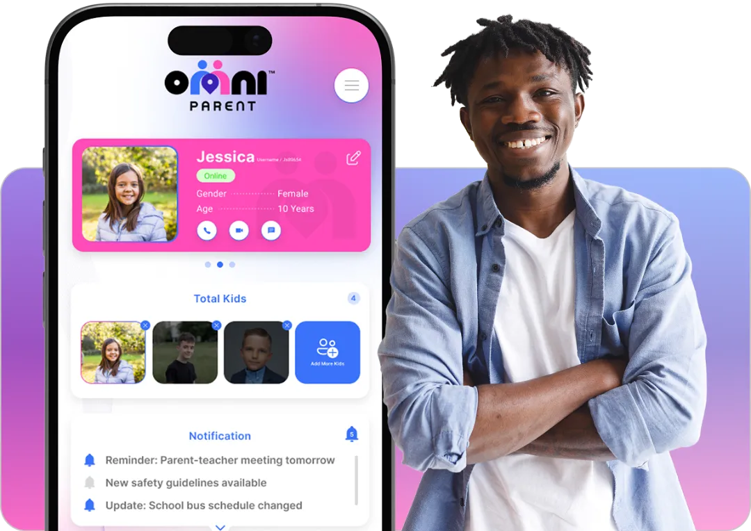 Parental dashboard interface displaying child profile with notifications and management features, emphasizing digital safety and monitoring for parents.