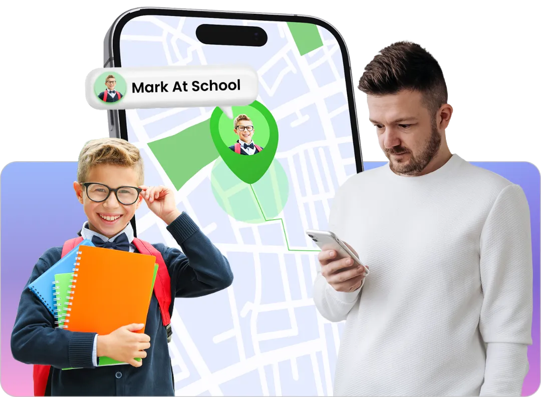 Child with school supplies smiling, smartphone displaying real-time location tracking map, and parent checking location for safety.