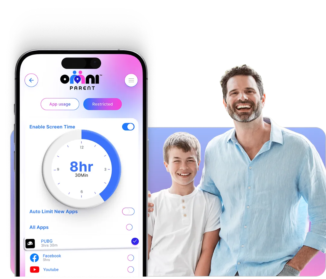 Smartphone displaying OmniParent app's screen time management features alongside a smiling father and son, illustrating family engagement in digital safety and healthy tech habits.