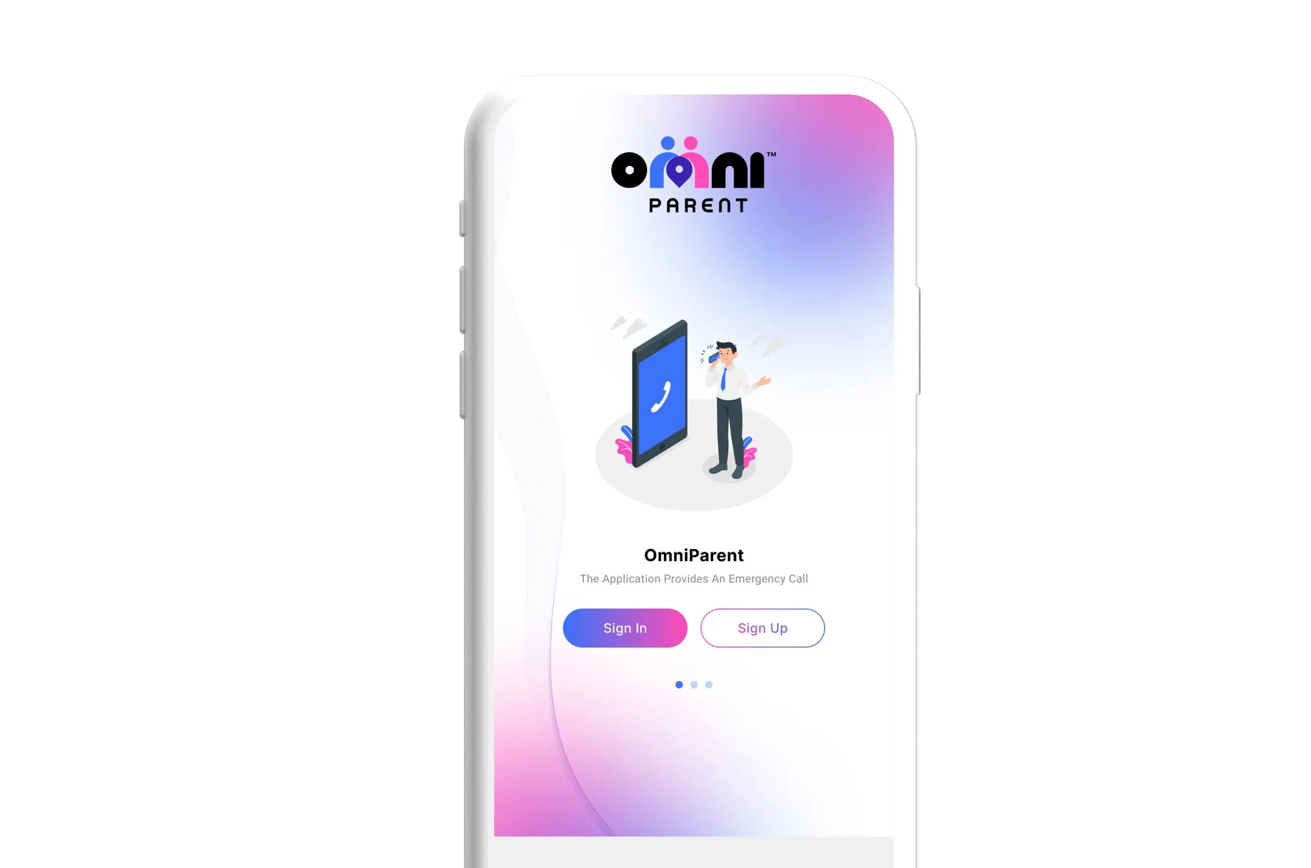 OmniParent app interface showcasing emergency call feature, user-friendly design, and options to sign in or sign up for child safety monitoring.