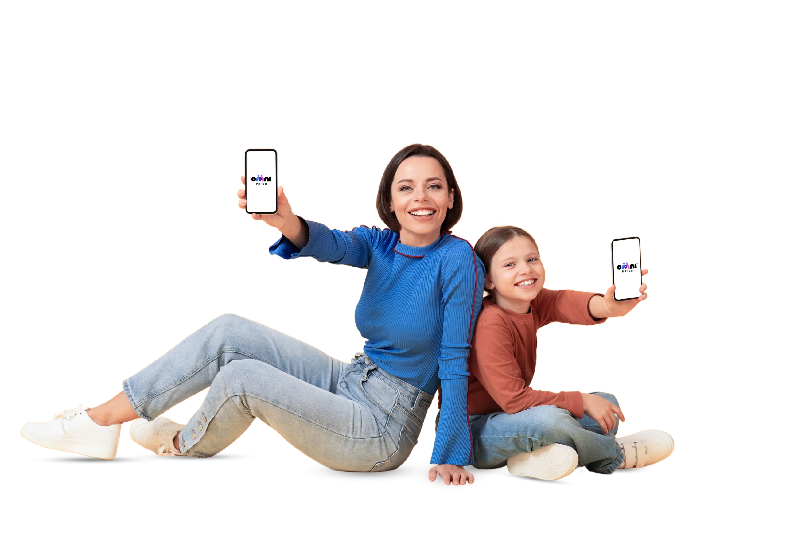 Mother and child smiling while holding smartphones displaying the OmniParent app, symbolizing child safety and family connectivity.