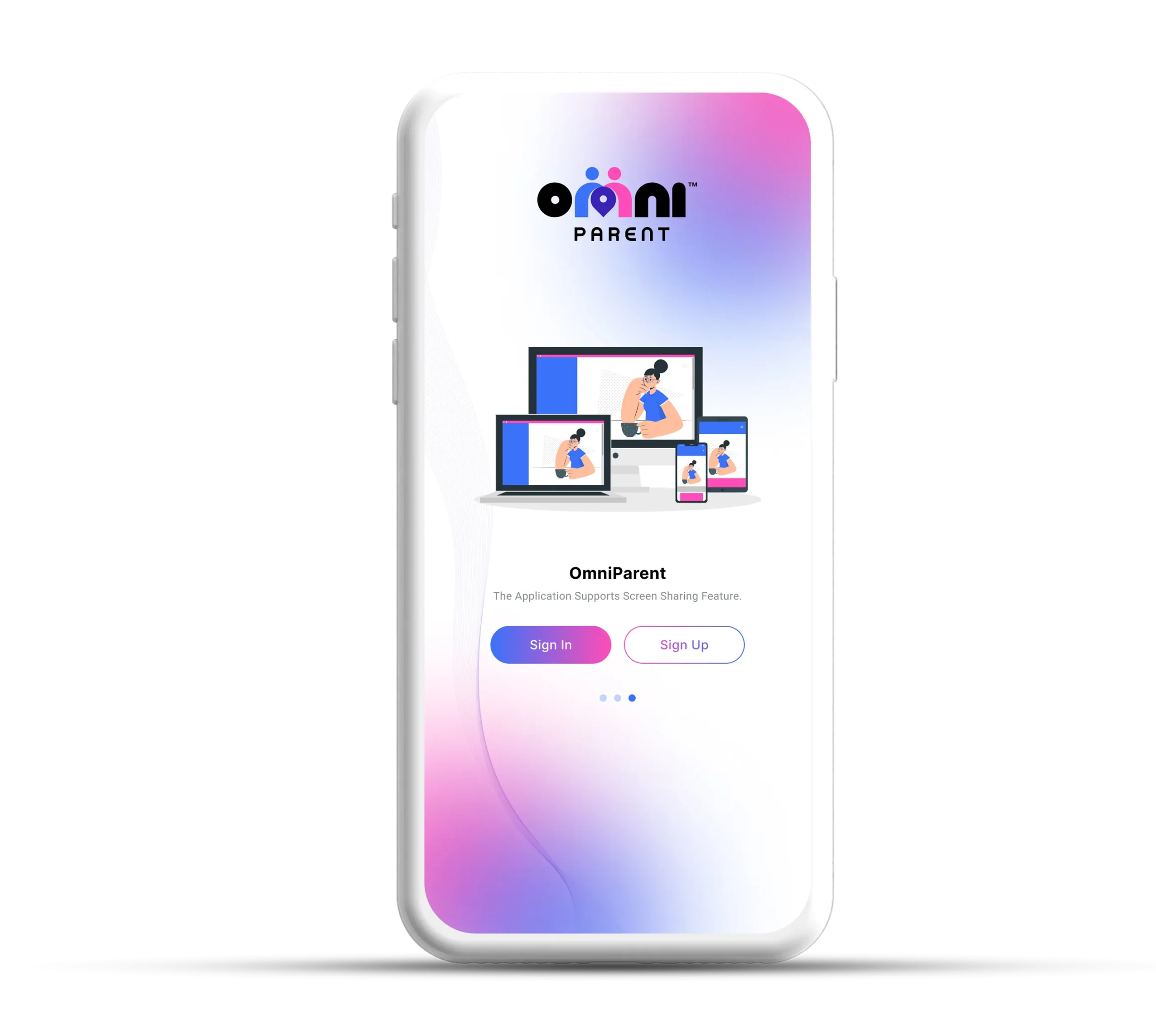 OmniParent app interface on a smartphone displaying screen sharing feature with multiple devices and options to sign in or sign up.