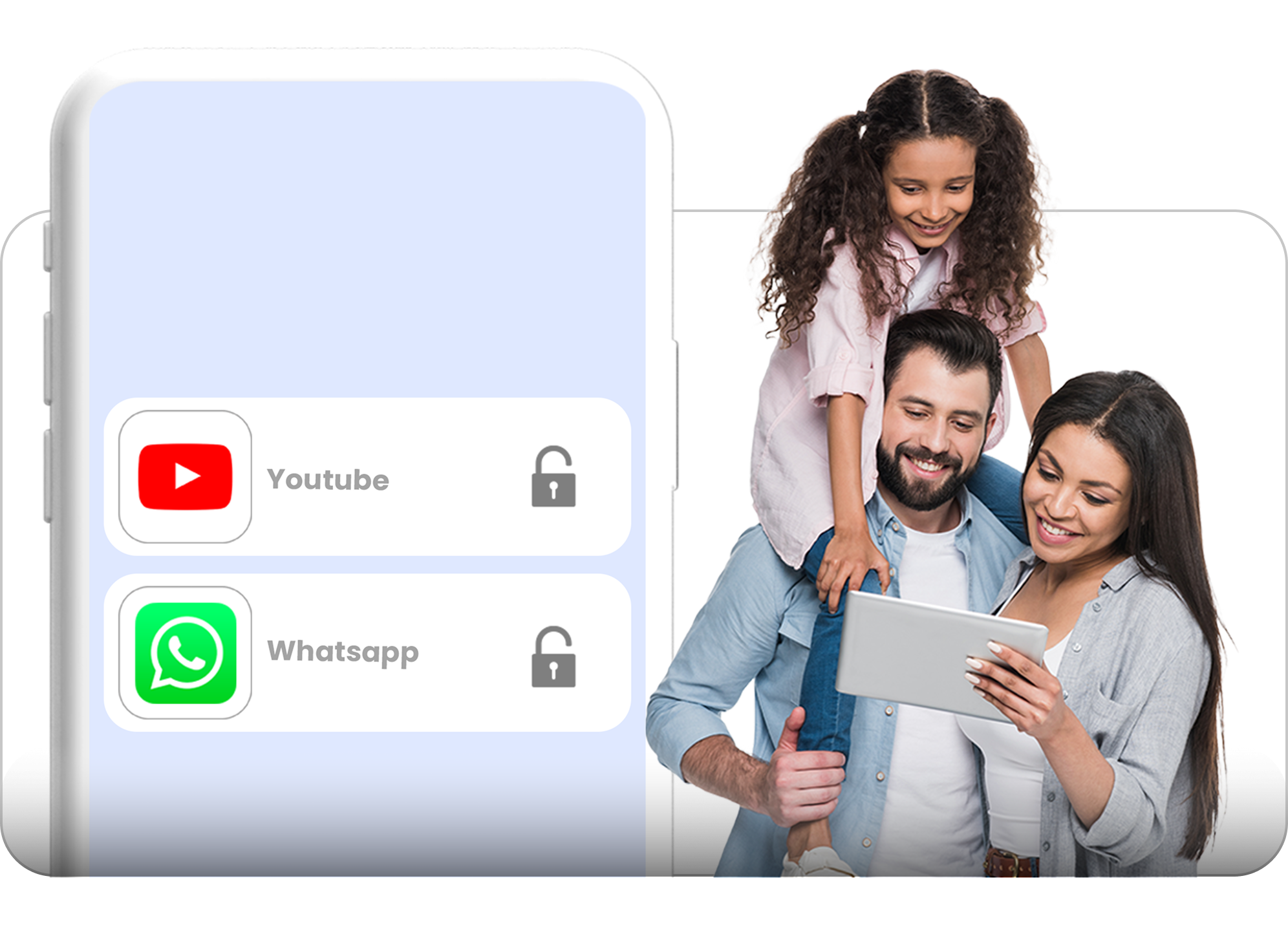Family using a tablet to access apps like YouTube and WhatsApp, emphasizing parental control and support features of OmniParent.